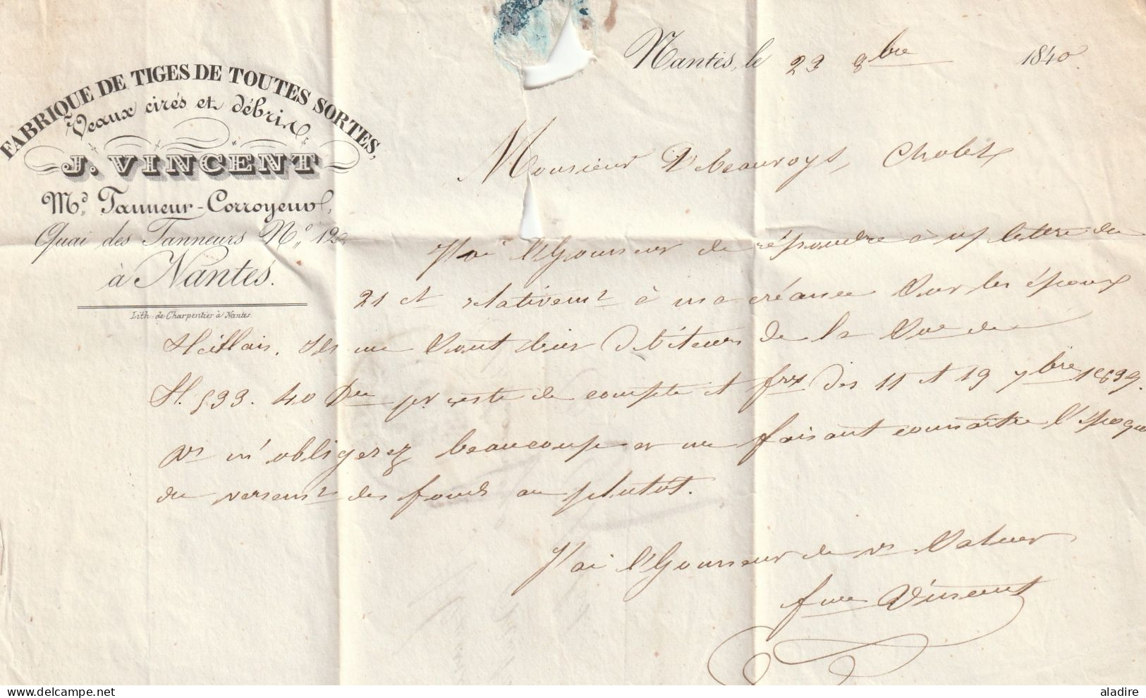 1840 - Lettre Pliée De NANTES Vers CHOLET ( 2 Grands Cachets à Date) -  Fabrique De Tiges - Veaux Cirés Et Débris … - 1801-1848: Precursors XIX