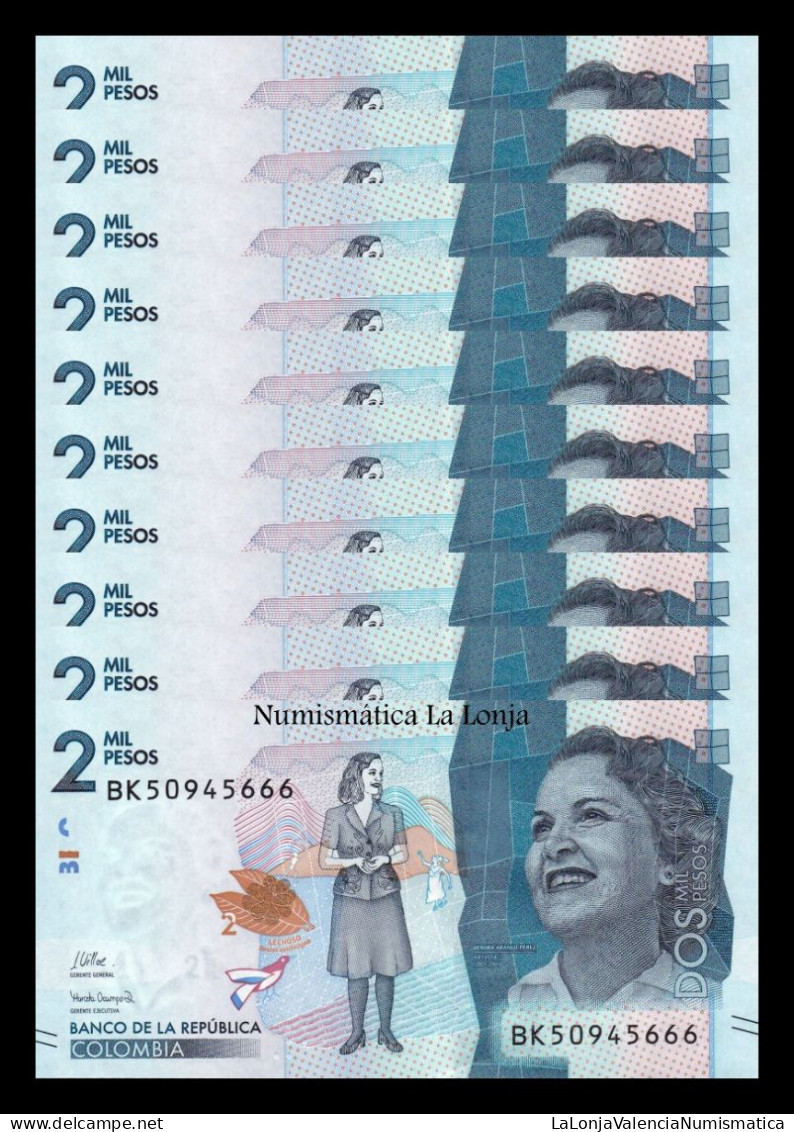 Colombia Lot 10 Banknotes 2000 Pesos Débora Arango Pérez 2021 (2023) Pick 458g Sc Unc - Colombia