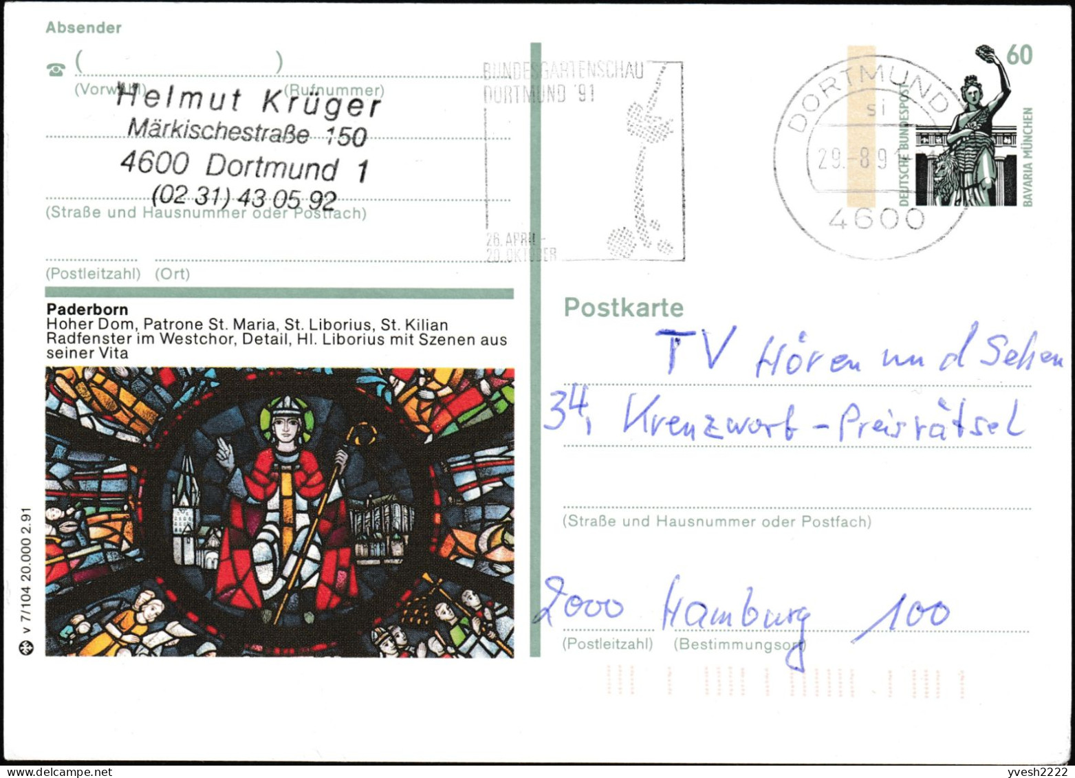 Allemagne 1991. Entier Postal Touristique. Cathédrale De Paderborn. Vitrail, La Vie De Saint Liborius, Liboire Du Mans - Verres & Vitraux