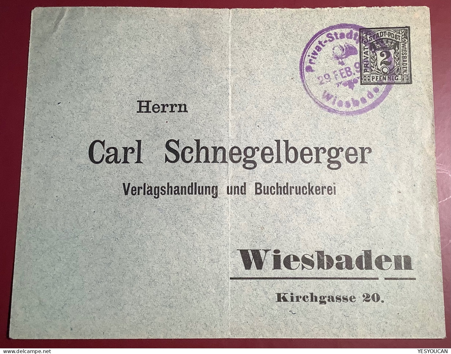 Privatpost WIESBADEN Rarität 1892 Privatganzsachen Umschlag 2 Pf Carl Schnegelberger Gebraucht - Private & Lokale Post