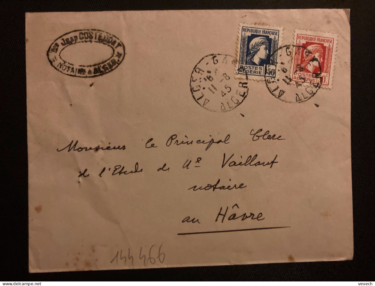 LETTRE TP M D'ALGER 1F50 + 50c OBL.11-8 45 ALGER GARE - 1944 Coq Et Marianne D'Alger