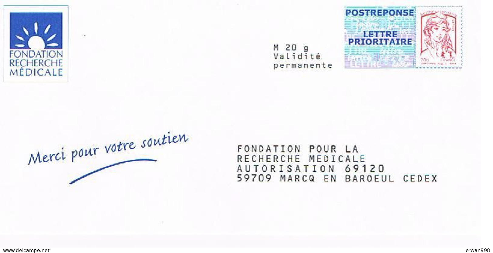 59 MARCQ EN BAROEUL PAP Postréponse Marianne  Ciappa-Kavena 14P158 Fondation Recherche Médicale  (221) - Prêts-à-poster: Réponse /Ciappa-Kavena