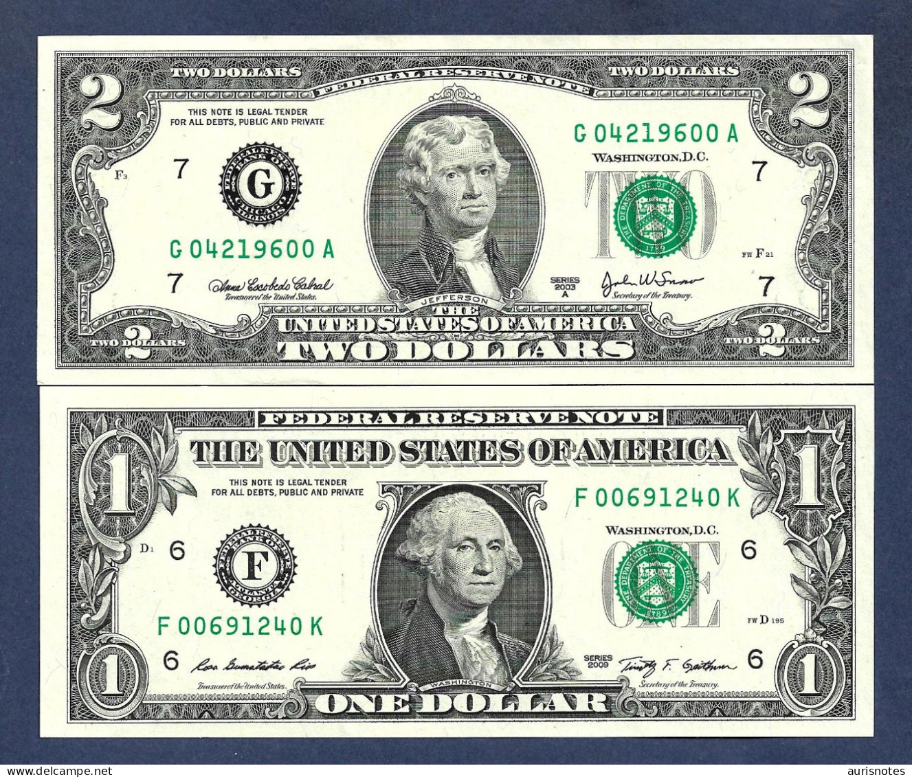 USA United States $2 Dollar 2003A & $1 Dollar 2009 MIRROR IMAGE RADAR SET UNC - Billets De La Federal Reserve (1928-...)