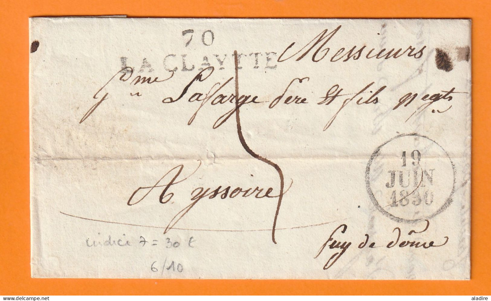 1830 - Marque Postale 70 LA CLAYTTE, Saône Et Loire  Sur Lettre Pliée De Chassigny  Vers ISSOIRE, Puy De Dôme - Taxe 6 - 1801-1848: Précurseurs XIX