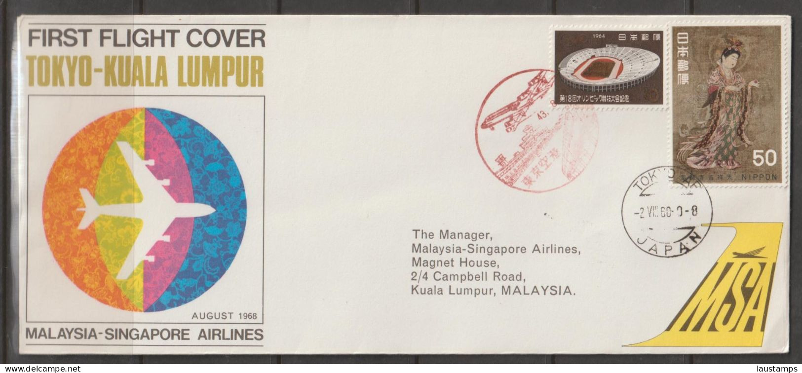 Malaysia-Singapore Airline (MSA) 1968 Tokyo-Kuala Lumpur First Flight Cover - Malaysia (1964-...)