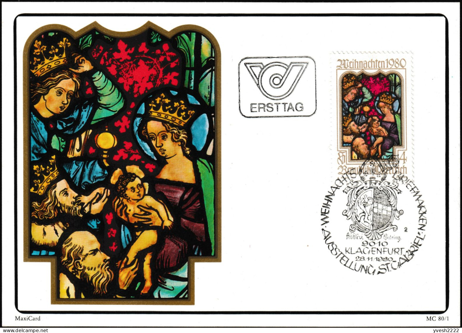 Autriche 1980 Y&T 1491 Premier Jour, Noël. Vitrail De L'église De L'ancienne Abbaye Cistercienne De Viktring (1142) - Verres & Vitraux