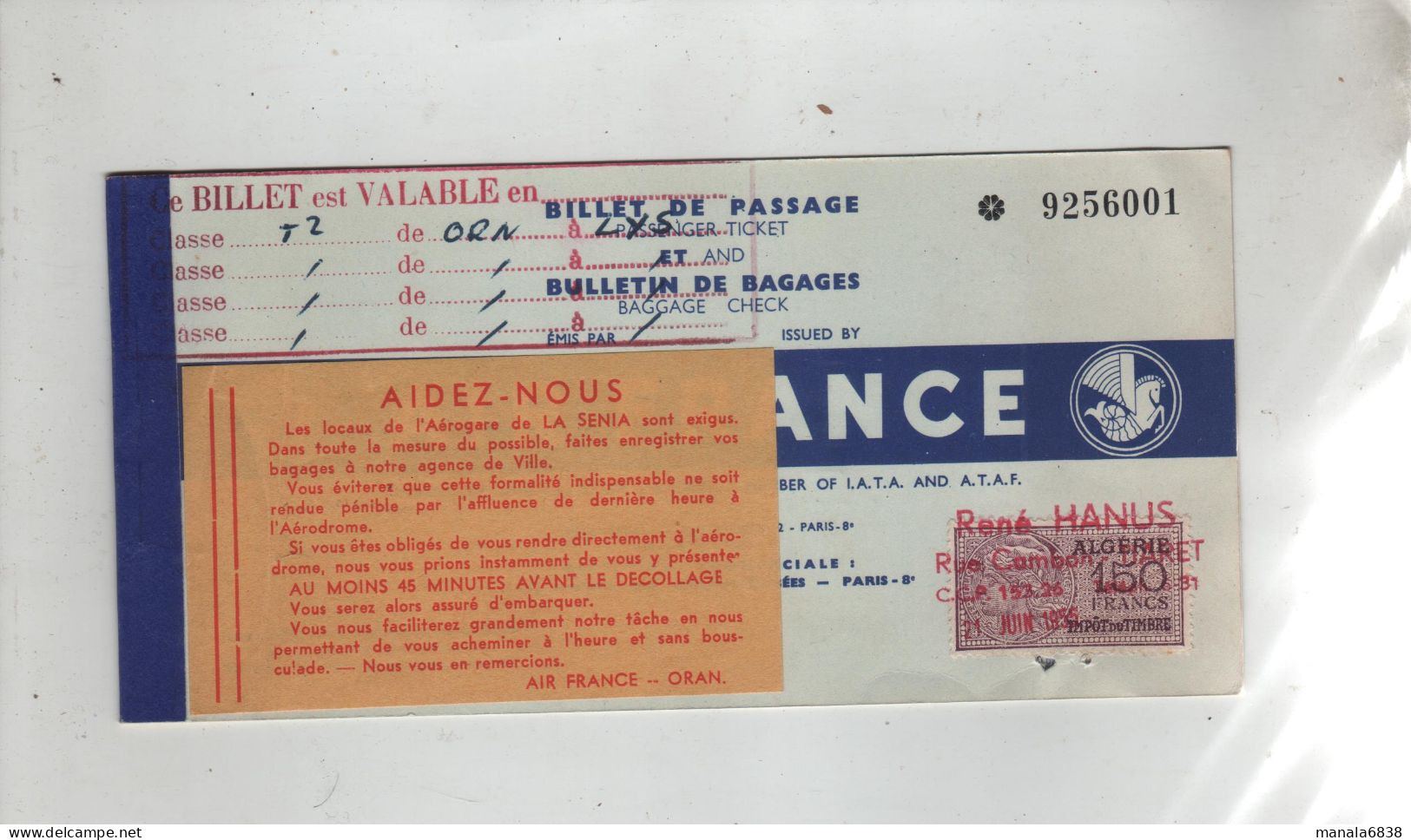 Billet Air France Oran La Senia Lyon 1955 Hanus Vialaron - Otros & Sin Clasificación