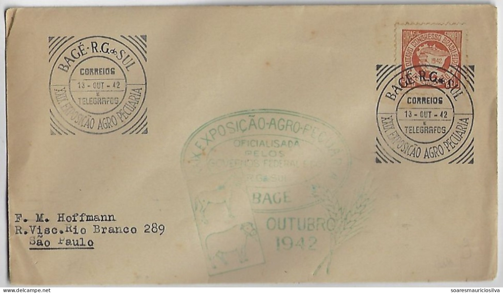 Brazil 1942 Cover From Bagé To São Paulo Commemorative Cancel 29th Bagé Agricultural And Livestock Exhibition - Ferme