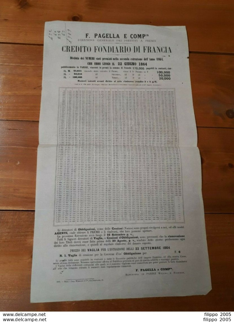 1864 CREDITO FONDIARIO FRANCIA DISTINTA NUMERI VINCENTI LOTTERIA SU AZIONI - Billetes De Lotería