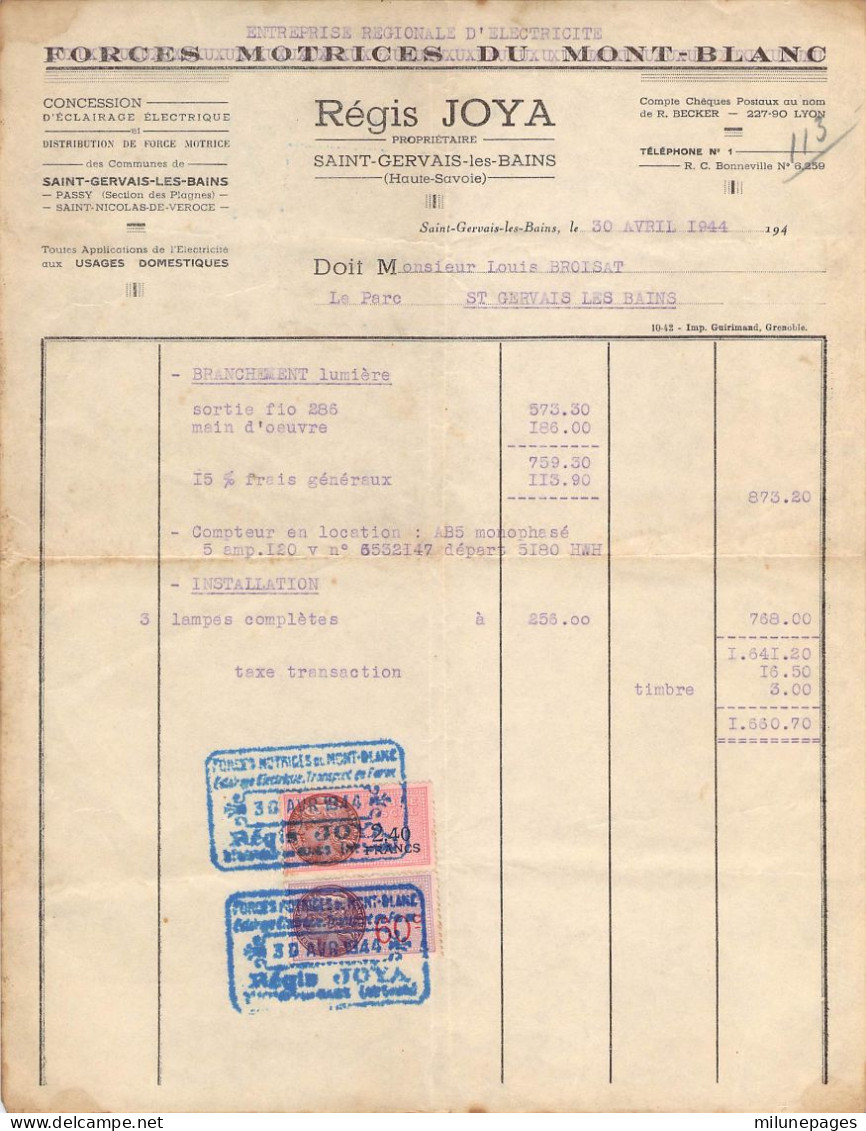 Lot 2 Factures Timbrées Des Forces Motrices Du Mont-Blanc Régis Joya Propriétaire à St Gervais Les Bains 1933/1944 - Elettricità & Gas