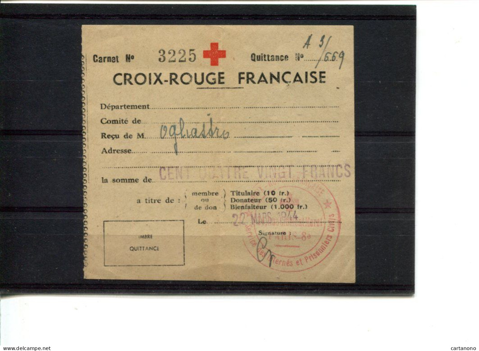 CROIX ROUGE - Reçu Du Service Des Internés Et Prisonniers Civils 22 Mars 1944 - Croix-Rouge