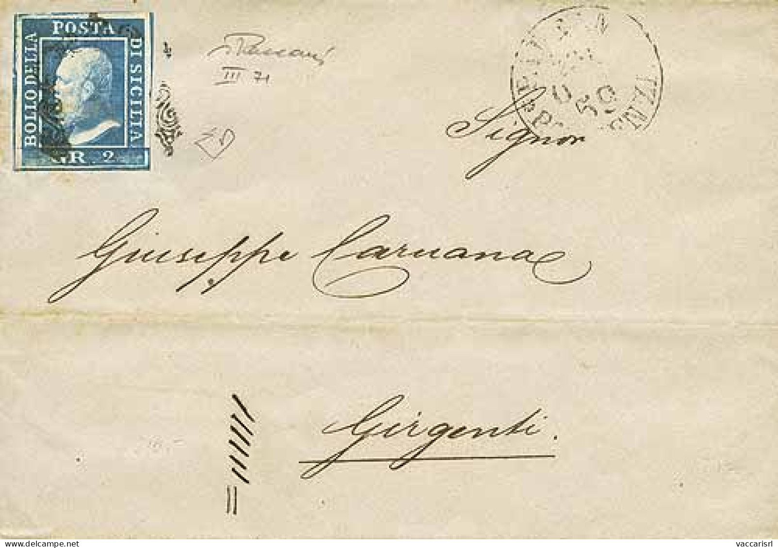 SICILIA - Tipologia: B - Da Palermo A Girgenti Del 20.10.1859 Con Gr.2 III Tav. C.Napoli Azzurro/azzurro Vivo N.15 - Sas - Sicilia