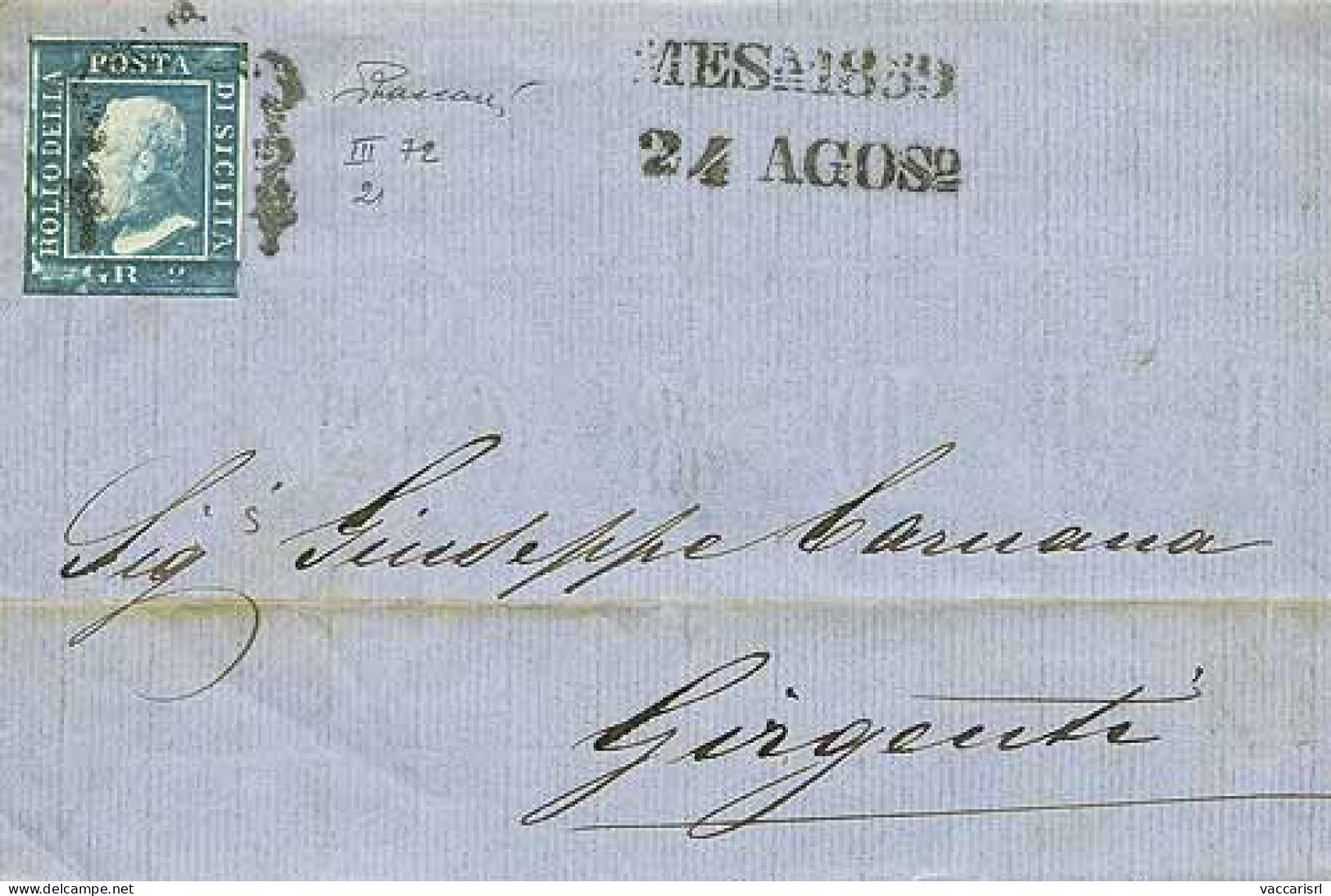 SICILIA - Tipologia: B - Da Messina A Girgenti Del 24.8.1859 Con Gr.2 III Tav. C.Napoli Azzurro Intenso N.15a - Sassone  - Sicily