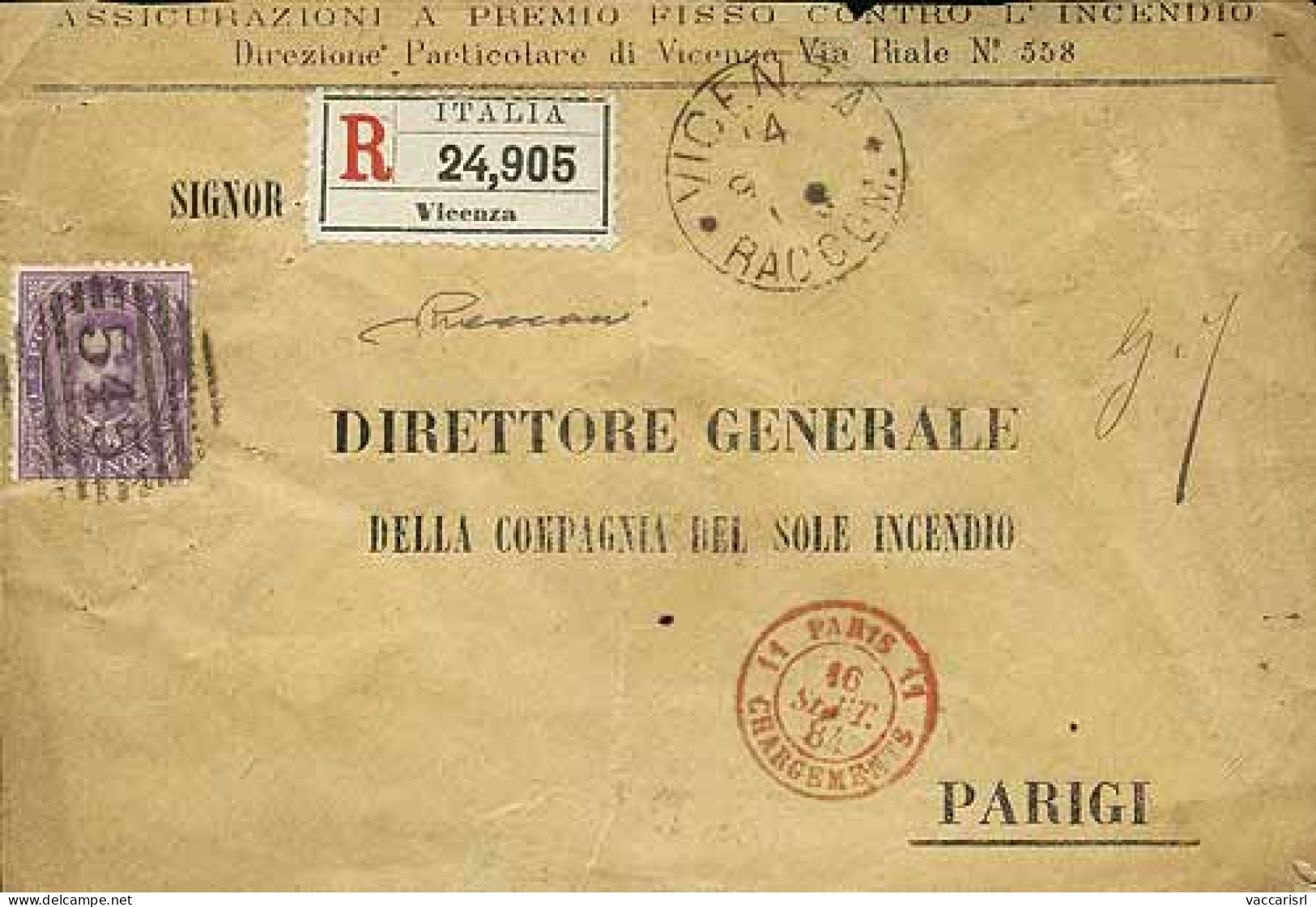 ITALIA REGNO > Regno Di Umberto I - Tipologia: B - Umberto I - Raccomandata Da Vicenza A Parigi Del 14.9.1884 Con C.50 V - Otros & Sin Clasificación