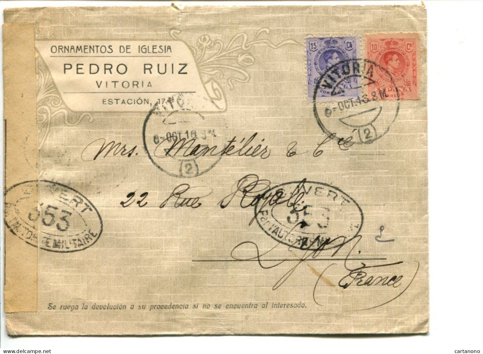 ESPAGNE VITORIA 1916- Aff. Sur Lettre à En Tête Avec Censure - Covers & Documents