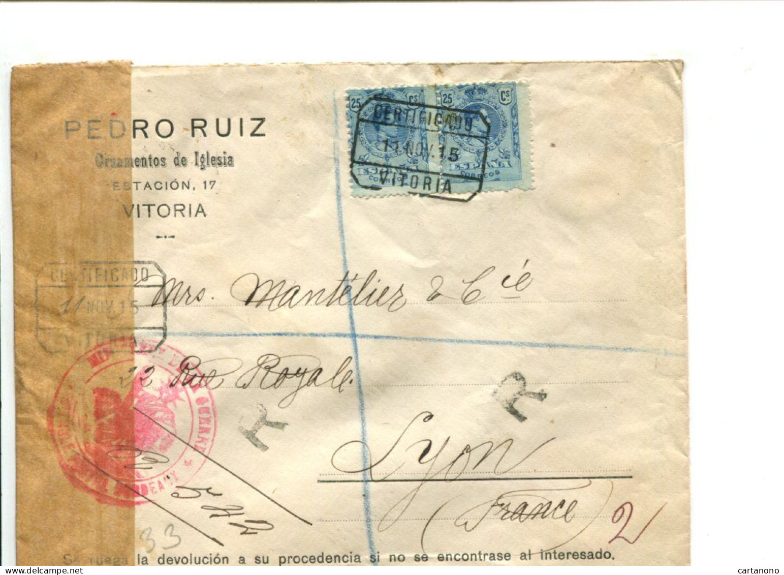 ESPAGNE VITORIA 1915- Affranchissement Sur Lettre à En Tête Commerciale Recommandée Avec Censure - Lettres & Documents