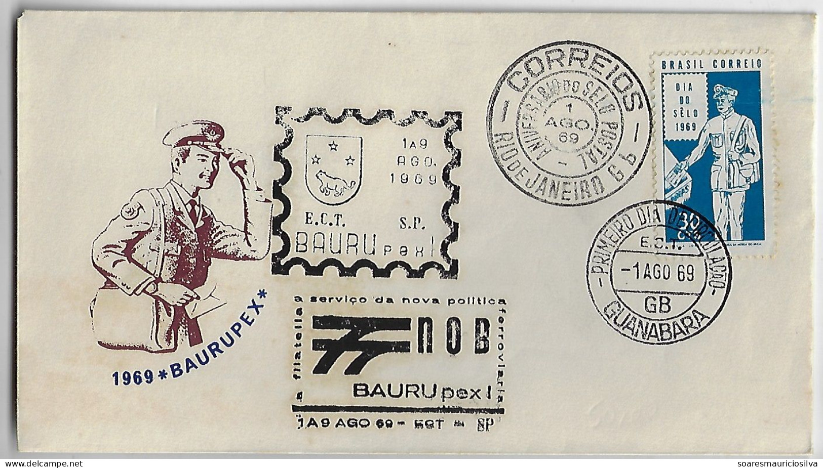 Brazil 1969 First Day Cover Commemorative Cancel Stamp Anniversary Postal Stamp Baurupex Coat Of Arms Railway Policy - Storia Postale