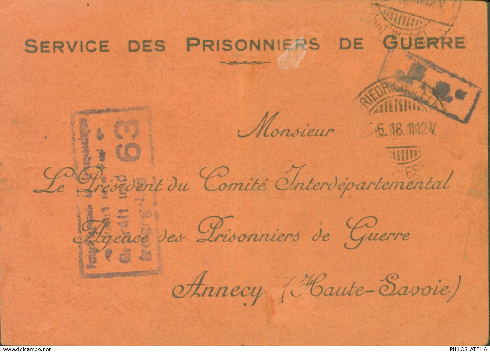 Guerre 14 CP Réponse Franchise Militaire Comité Constantine Accusé Réception Colis Prisonnier CAD Friedrichsfeld - WW I