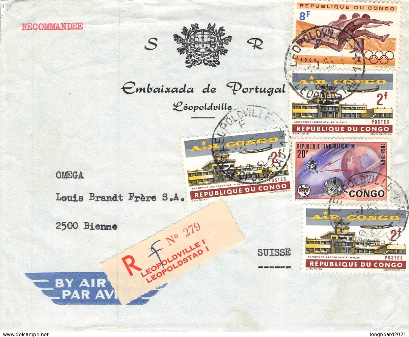CONGO - REGISTERED AIRMAIL 1965 LÉOPOLDVIELLE - BIENNE/CH /1497 - Briefe U. Dokumente