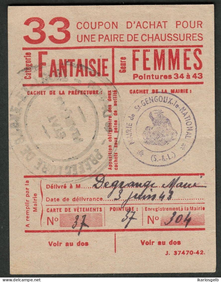 Coupon D'achat 1943 St.Gengoux Le National ( Saone-et-Loire ) " Chaussures Fantaisie Pour Femmes  " Carte Ravitaillement - Fictifs & Spécimens