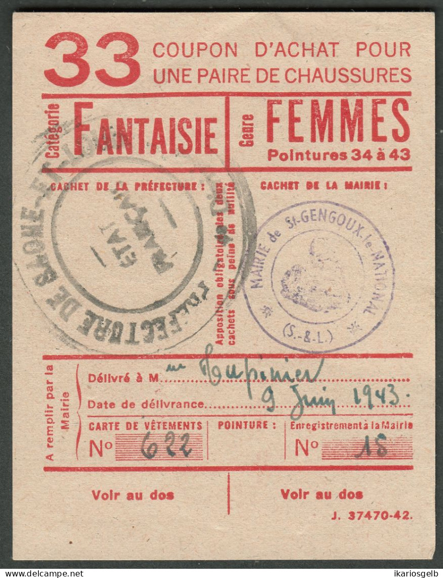 Coupon D'achat 1943 St.Gengoux Le National ( Saone-et-Loire ) " Chaussures Fantaisie Pour Femmes  " Carte Ravitaillement - Fictifs & Spécimens