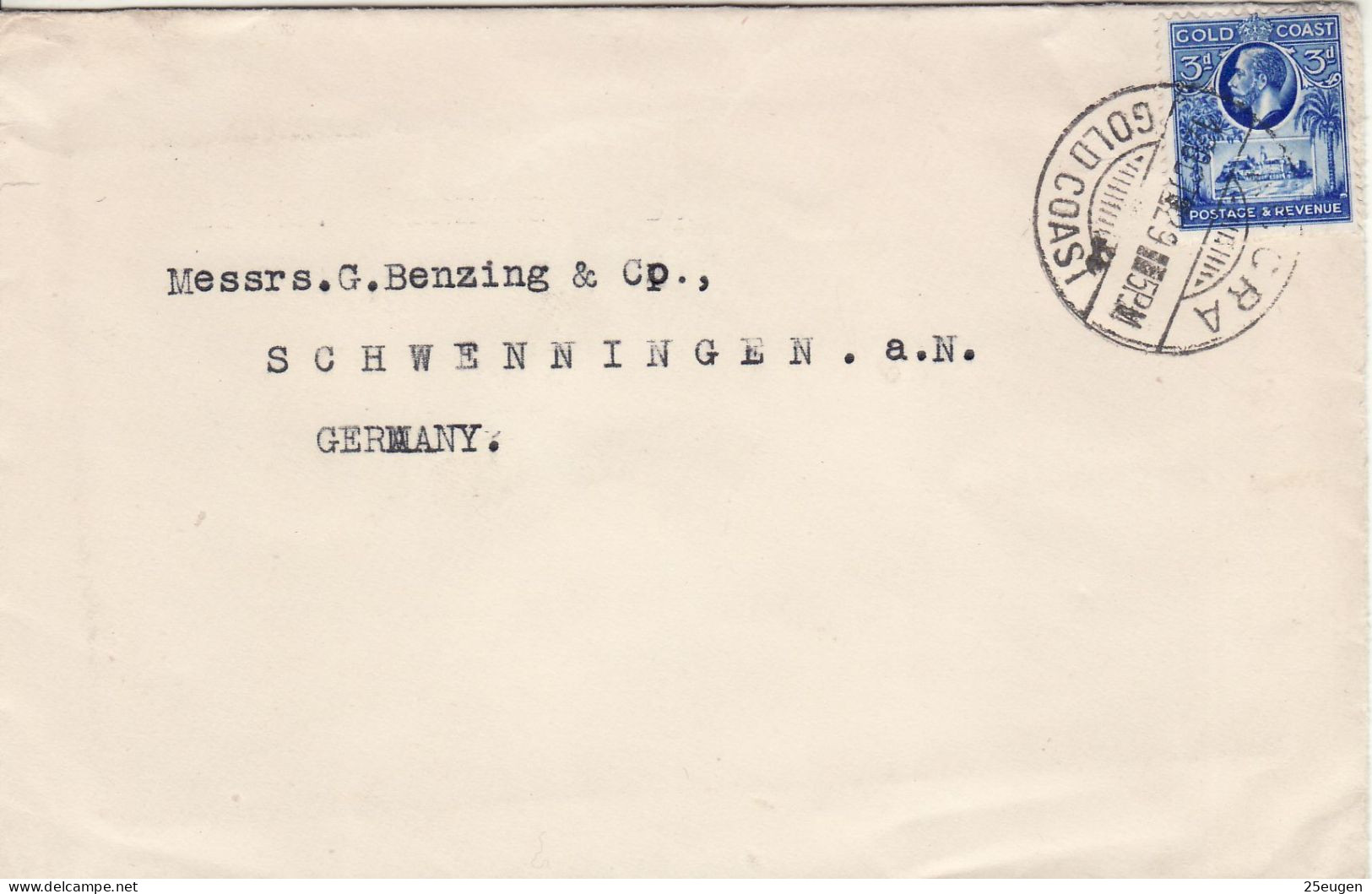 GOLD COAST 1929  LETTER SENT TO SCHWENNINGEN - Gold Coast (...-1957)