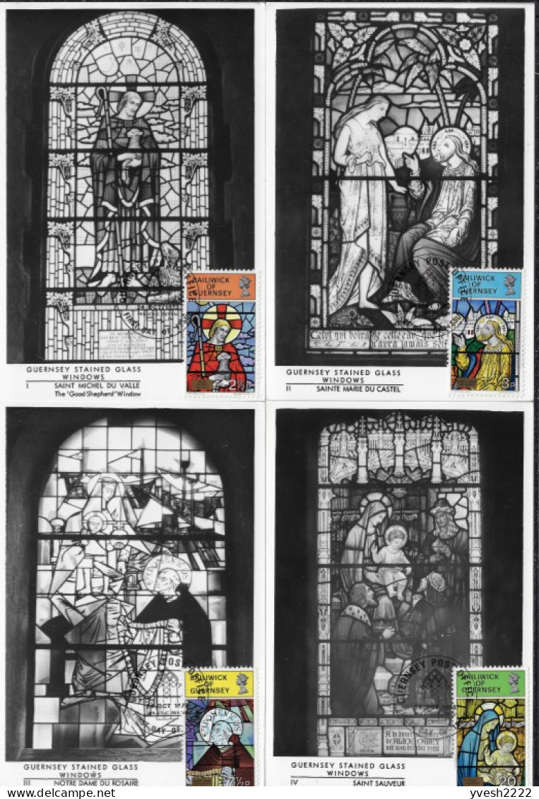 Guernesey 1973 Y&T 79 à 82. CM. Noël, Vitraux D'églises. Le Bon Berger, Le Christ Au Puits De Samarie, Saint Dominique - Glas & Fenster