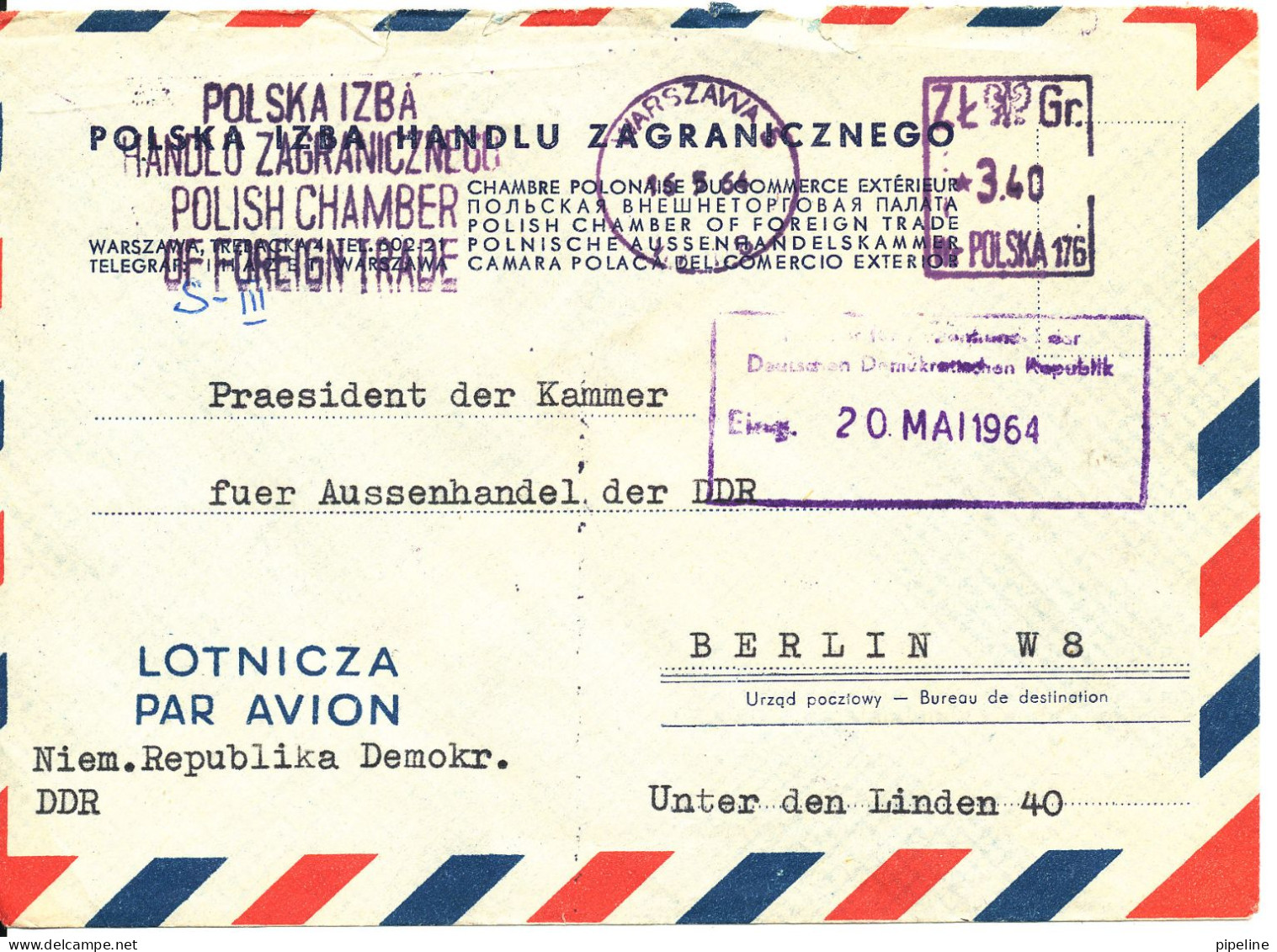 Poland Air Mail Cover With Meter Cancel Warszawa 16-5-1964 Sent To Germany DDR - Briefe U. Dokumente