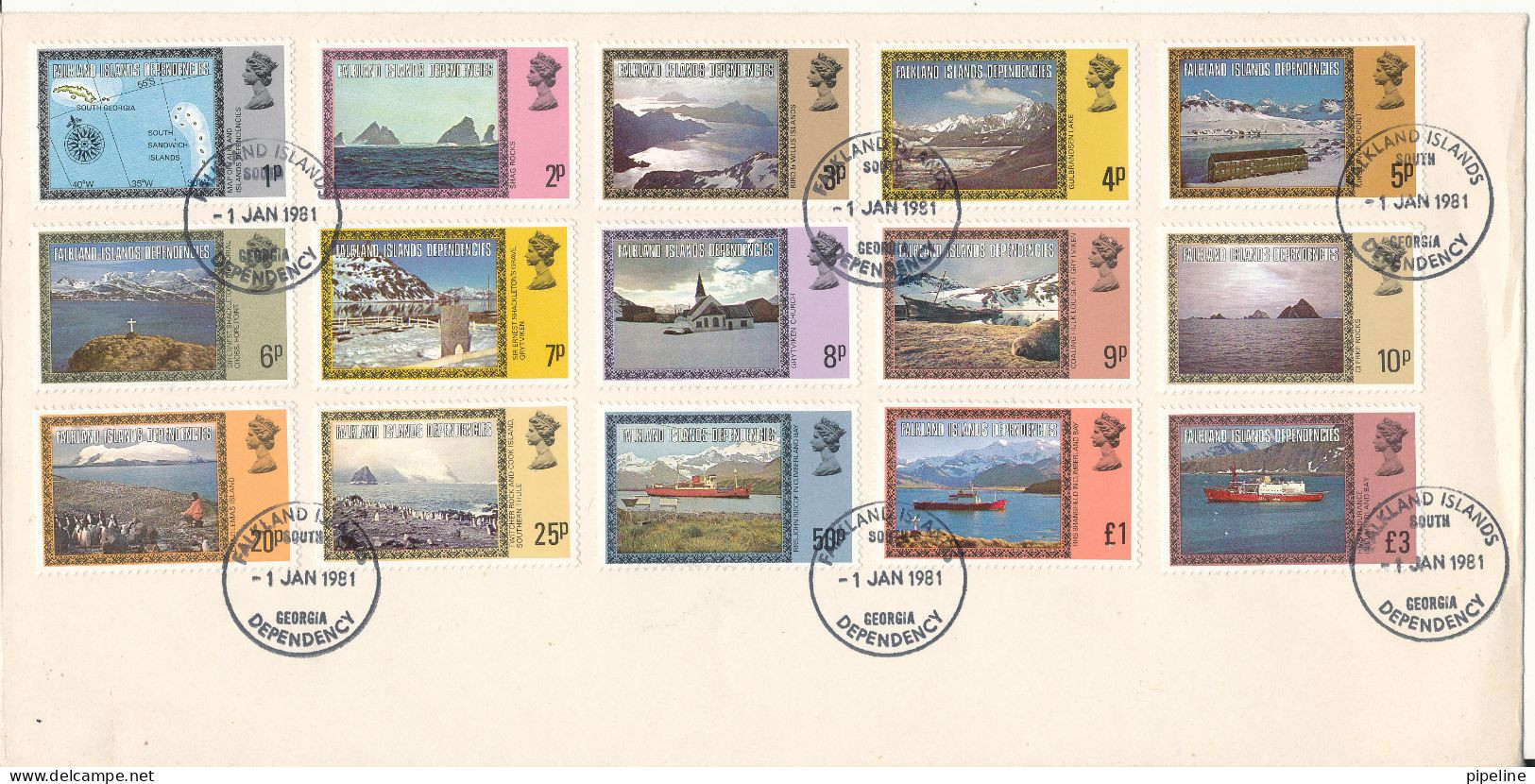 Falkland Islands Dependencies South Georgia FDC 1-1-1981 Set Of 15 Definitives (LANDSCAPES) - South Georgia