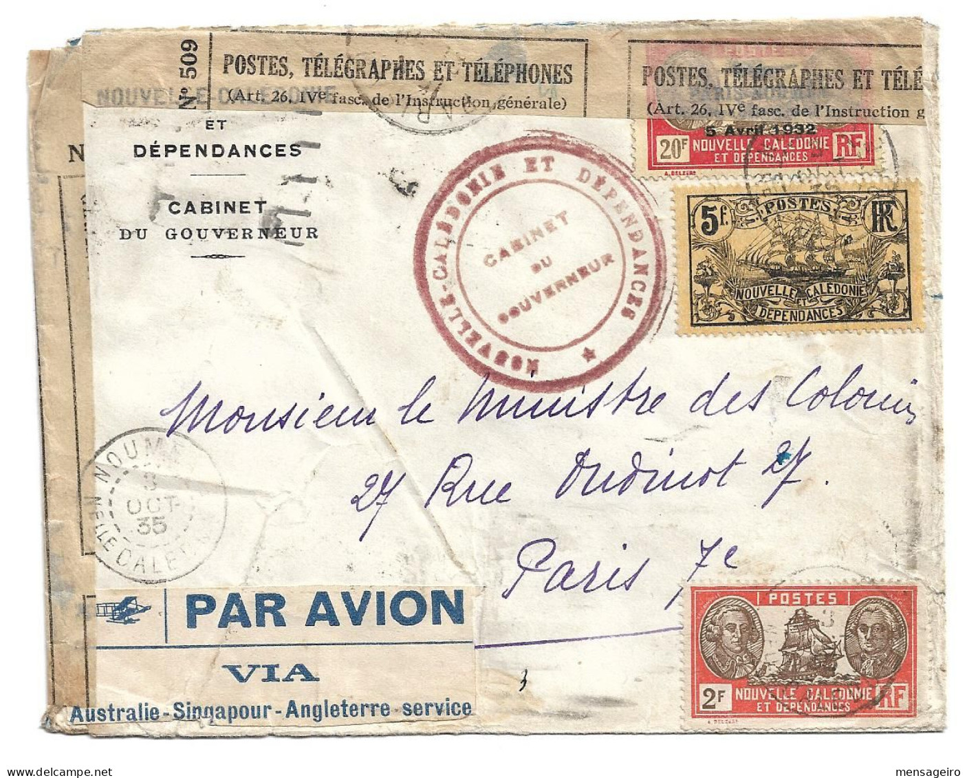 (C03) - LETTRE AVION REPAREE CABINET GOUVERNEUR => MINISTRE COLONIES 1935 - MENTION MANUSCRITE AU DOS - Lettres & Documents