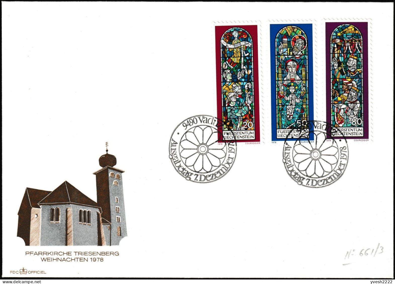 Liechtenstein 1978 Y&T 661 à 663. Série Sur FDC. Noël, Vitraux De L'église De Triesenberg. Adoration Des Bergers Mages - Vetri & Vetrate