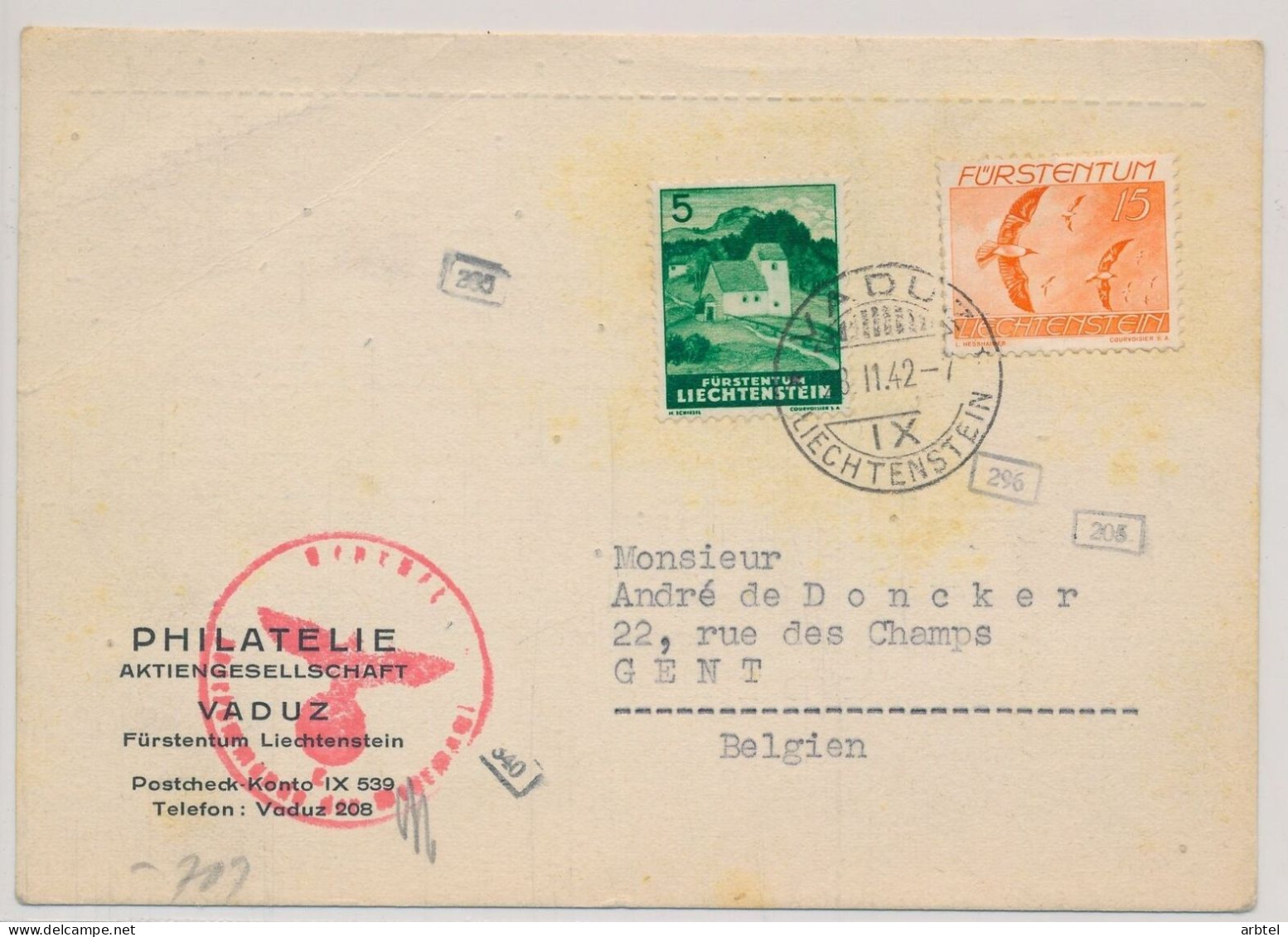 LIECHTENSTEIN A GENT BELGICA 1942 CON CENSURA ALEMANA - Storia Postale