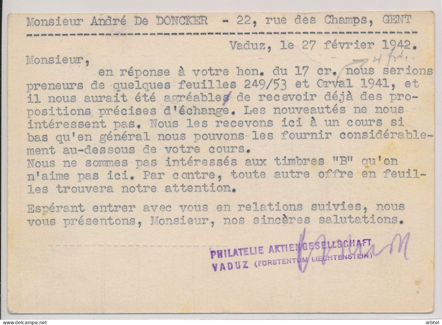 LIECHTENSTEIN A GENT BELGICA 1942 CON CENSURA ALEMANA - Lettres & Documents