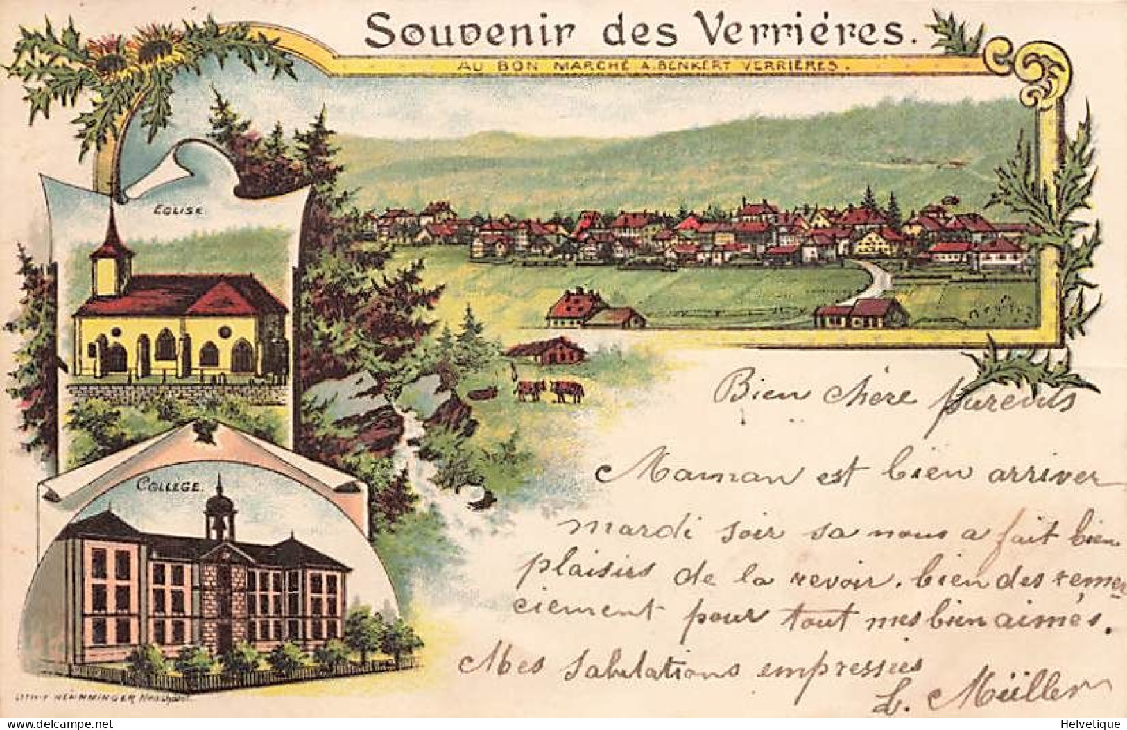 Souvenir Des Verrières Litho 1899 Eglise Collège Au Bon Marché A. Benkert - Les Verrières