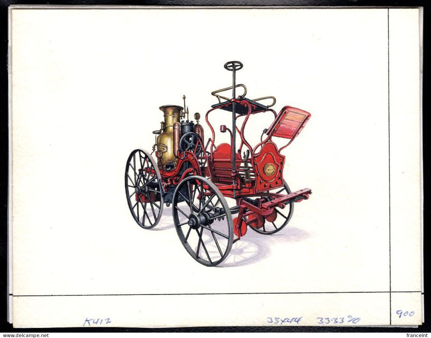 CAMBODIA(1997) "Merry Weather" Fire Truck 1894. Original Artwork, Watercolor On Posterboard Measuring 16 X 12.5 Cm, With - Cambodge