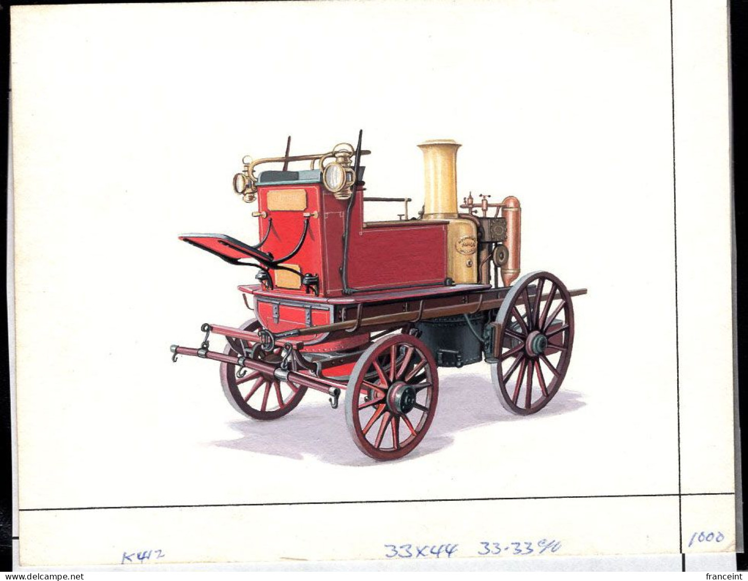 CAMBODIA(1997) Sprinkler Truck "Shad Mason Co." 1901. Original Artwork, Watercolor On Posterboard Measuring 16 X 12.5 Cm - Cambodge