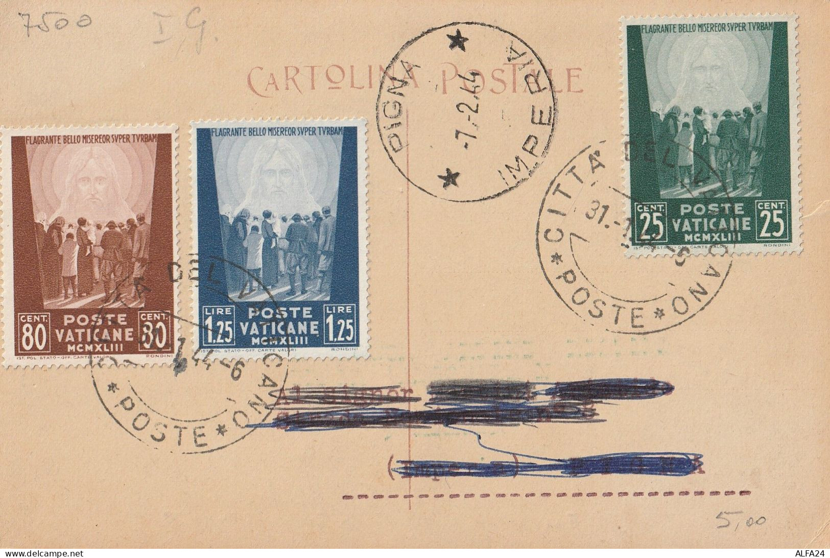 CARTOLINA CON SERIE VATICANO 1943 ARRIVO PIGNA IMPERIA (XT739 - Covers & Documents