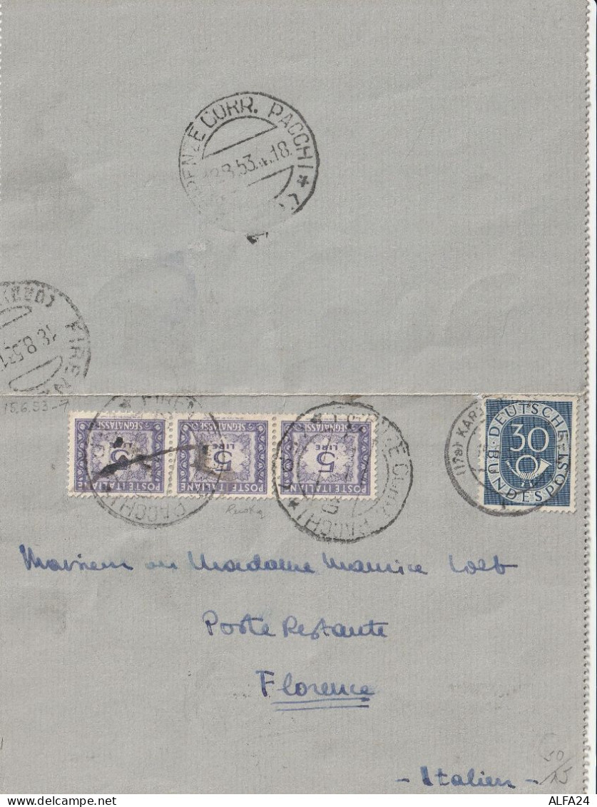 INTERO POSTALE GERMANIA 1952 SEGNATASSE ITALIA 3X5  (XT408 - Cartes Postales - Oblitérées