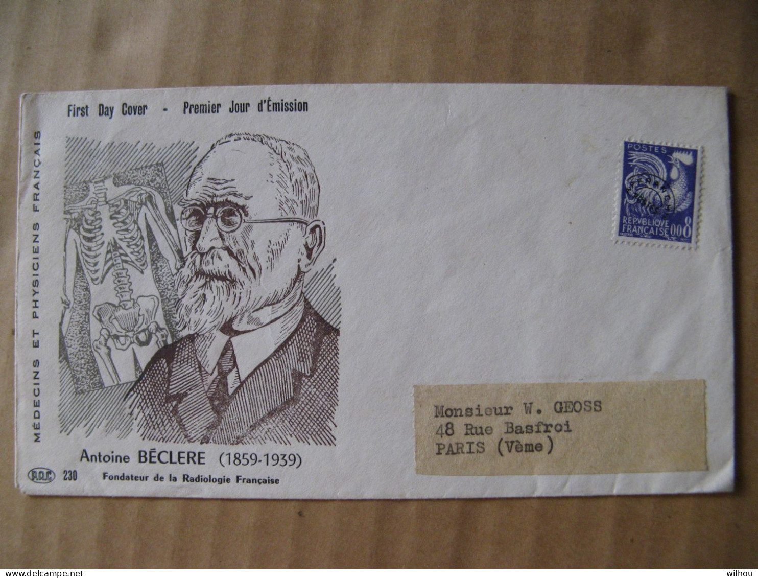 FDC ANTOINE BECLERE FONDATEUR DE LA RADIOLOGIE FRANCAISE AVEC 1 TIMBRE FRANCHISE - 1953-1960