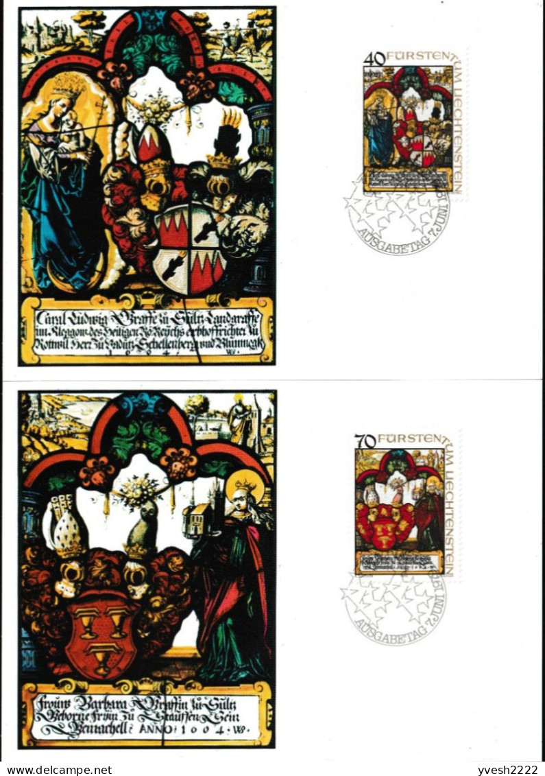 Liechtenstein 1979 Y&T 672 à 674. Série Sur CM. Vitraux, Armoiries. Vierge, Chouette... - Glas & Brandglas