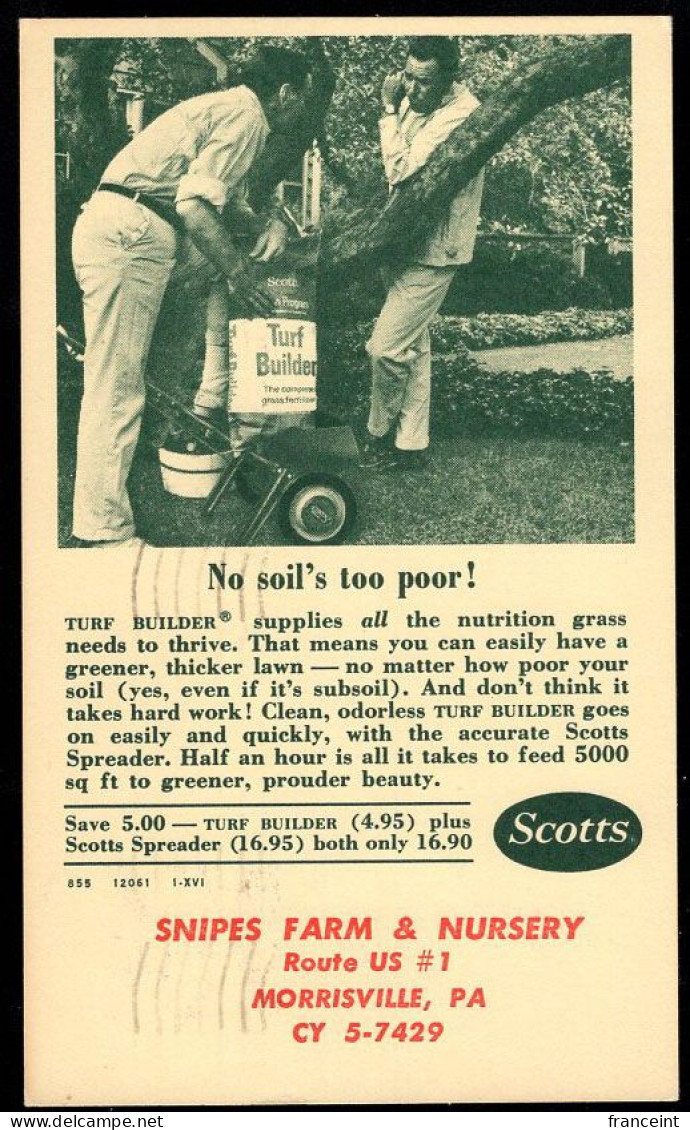 U.S.A.(1961) Gardeners Putting Fertilizer In Spreader. 3 Cent Postal Card With Advertising For "Scotts Turf Builder" Fro - 1961-80