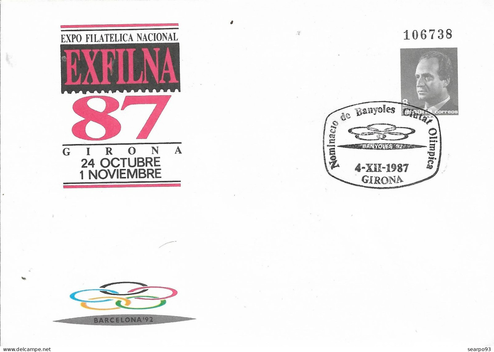 SPAIN. POSTAL STATIONERY. POSTMAK NOMINATION OF BANYOLES AS AN OLYMPIC CITY. GIRONA. 1987 - 1931-....