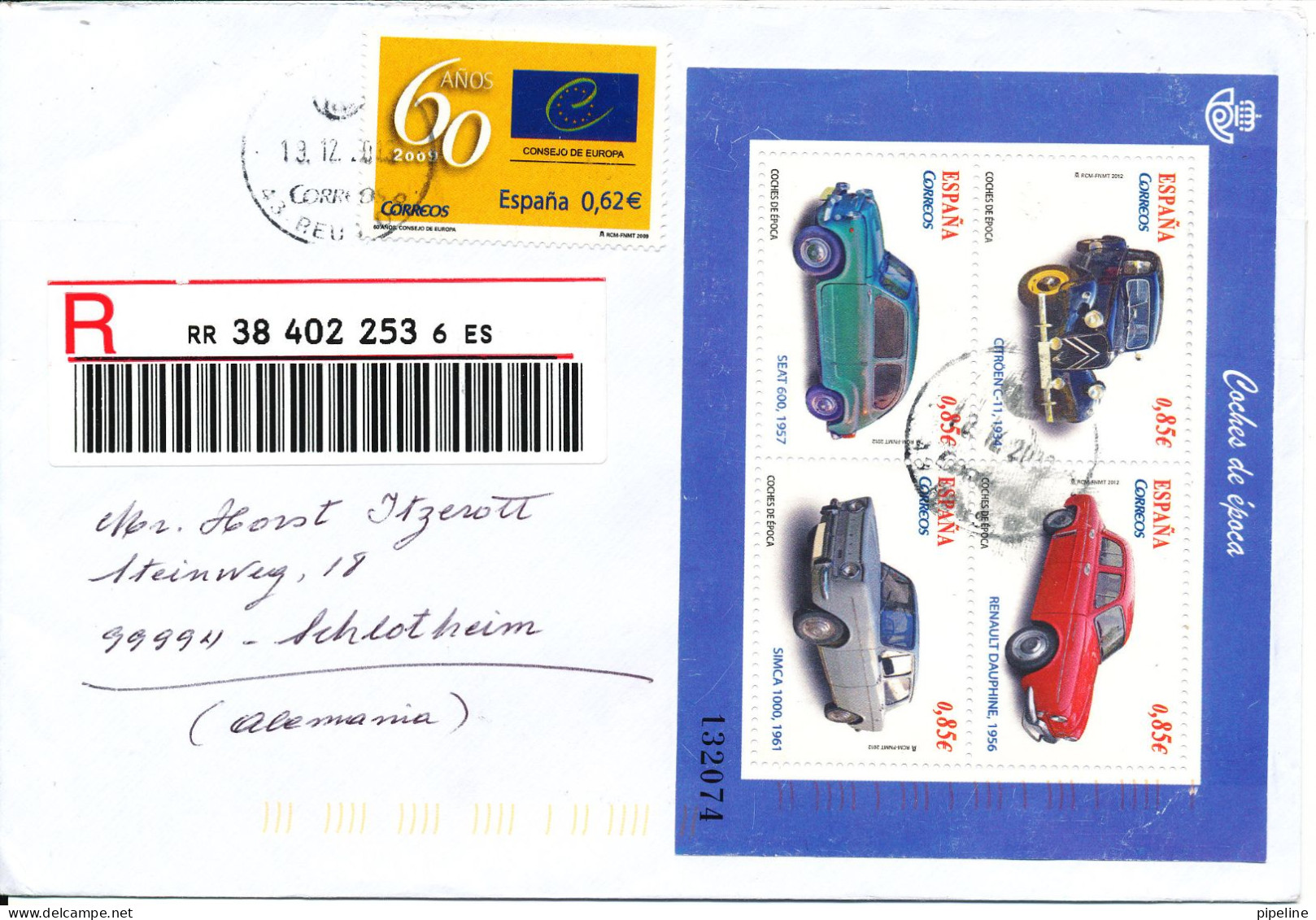 Spain Registered Cover Sent To Germany 19-12-2013 With Souvenir Sheet OLD CARS - Storia Postale