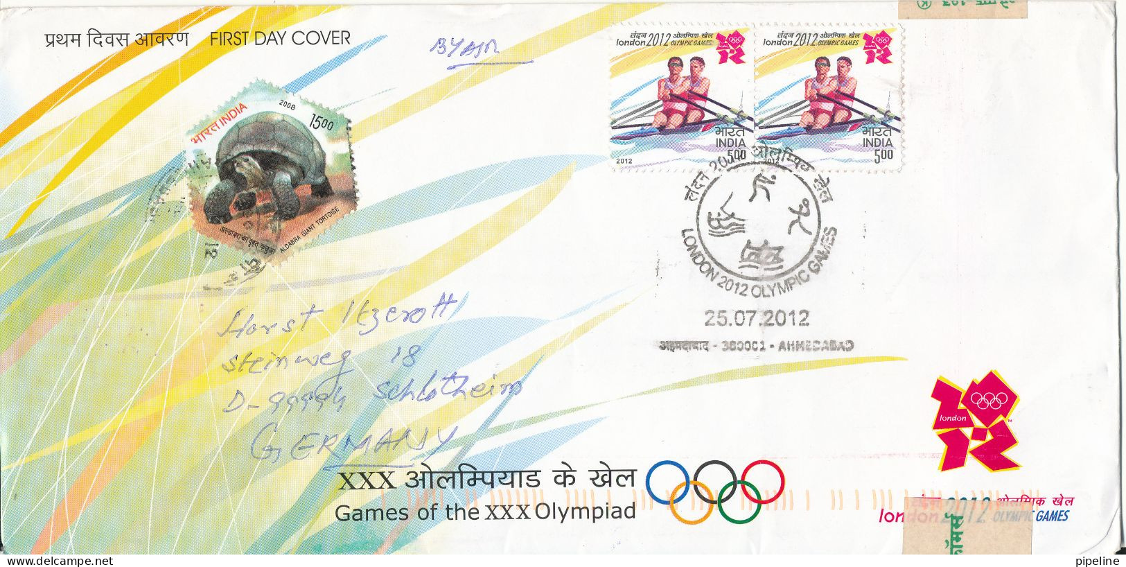 India FDC Olympic Games London 2012 Uprated With TURTLE Stamp And Sent To Germany - Cartas & Documentos