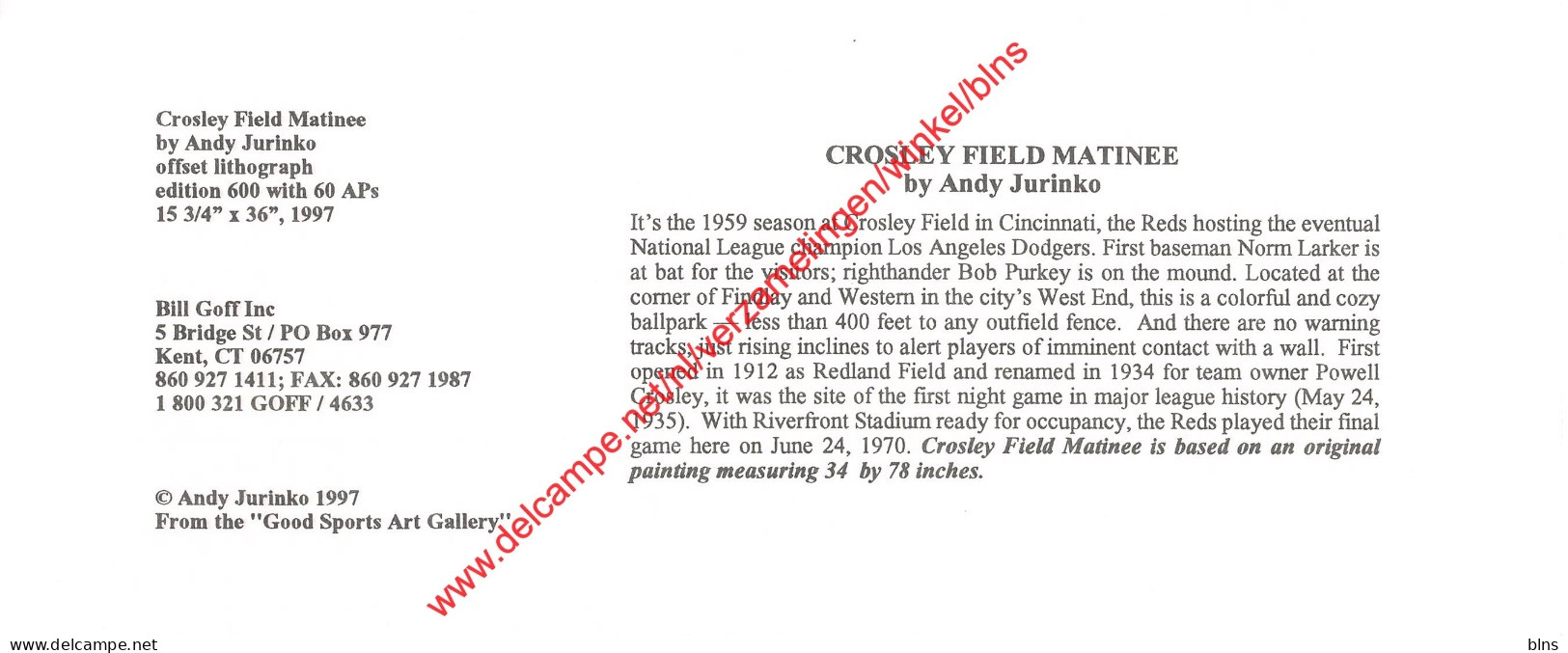 Crosley Field Matinee By Andy Jurinko - Baseball - 23x9cm - Honkbal