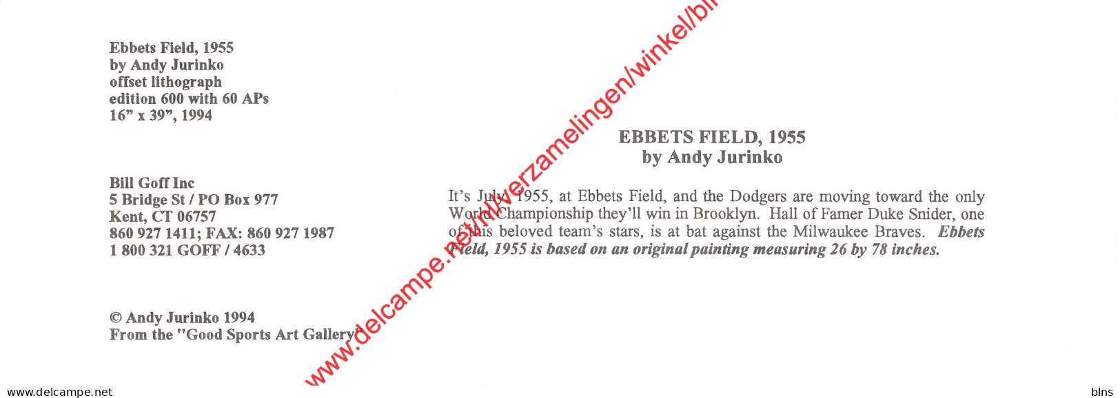 Ebbets Field 1955 By Andy Jurinko - Baseball - 23x8cm - Honkbal