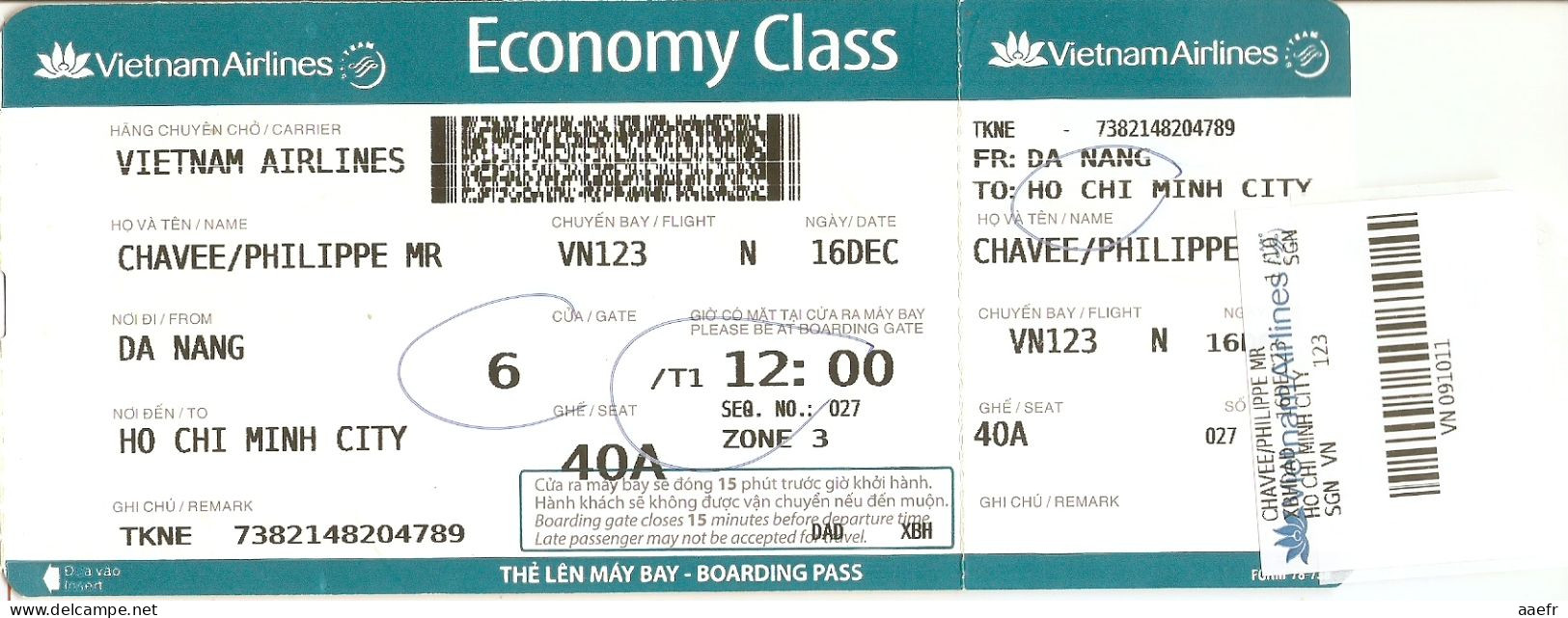 Boarding Pass Air Vietnam 2023 - Da Nang / Ho Chi Minh City - Carte D'embarquement - Wereld