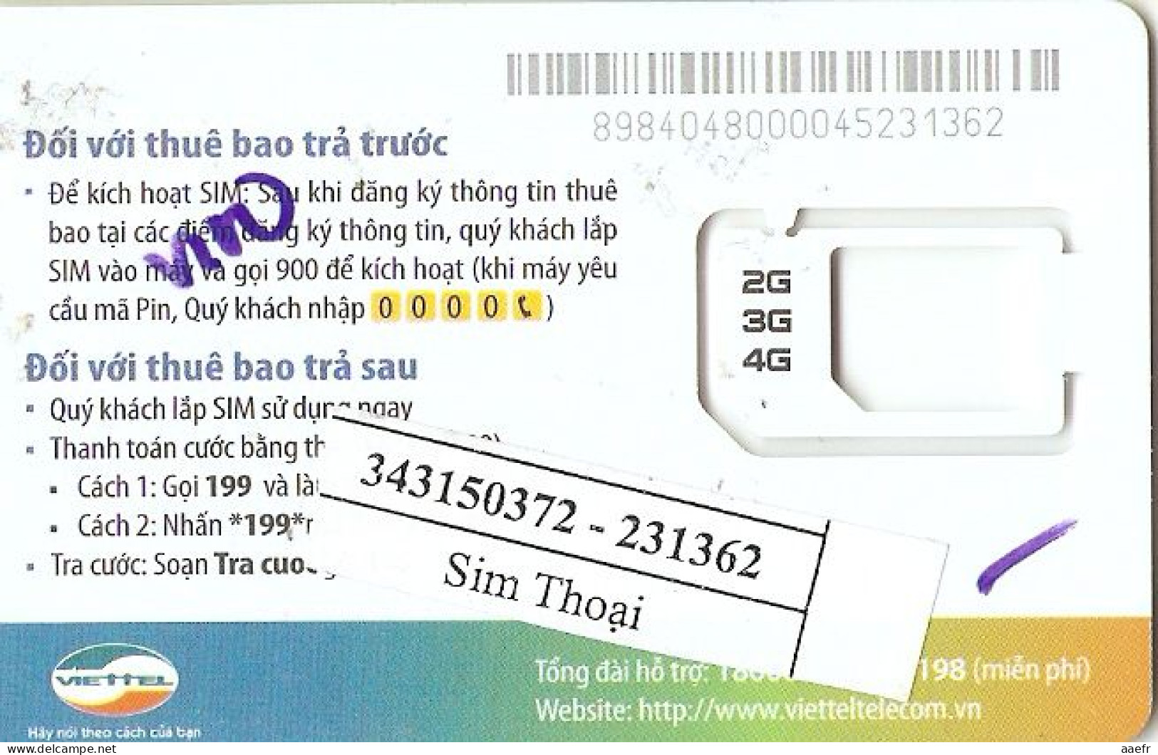 Telecarte Vietnam 2019 -  SIM 4G Viettel - Altri - Asia