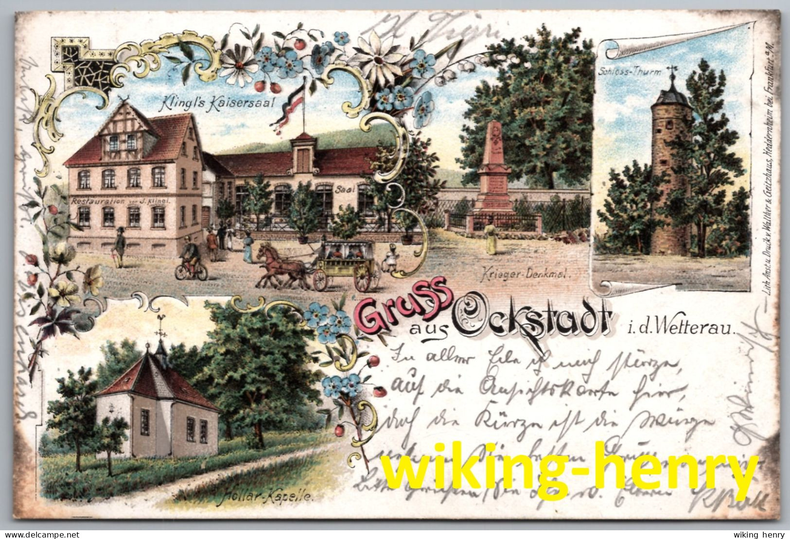 Friedberg Ockstadt - Litho Gruss Aus Ockstadt Mit Restauration Klingl's Kaisersaal Schloss Thurm Und Hollar Kapelle - Friedberg