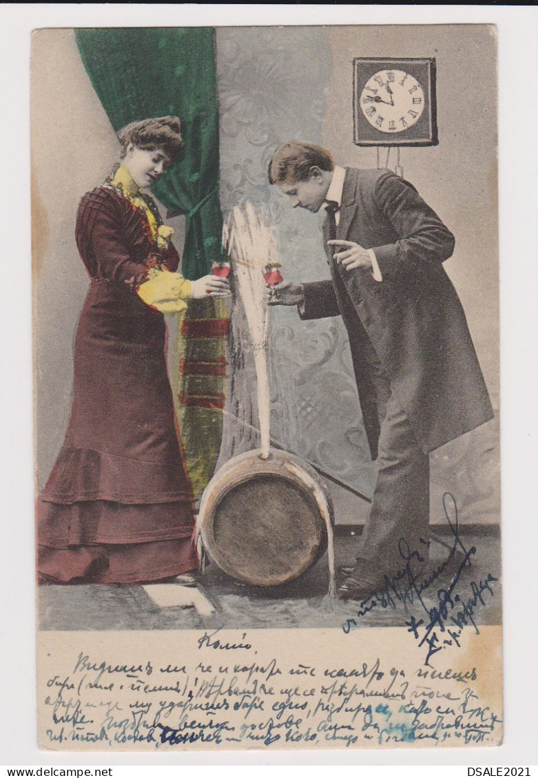 Bulgaria 1903 Pc Sent VARNA To SLIVEN Via Railway TPO (VARNA-SOFIA) Clear Pmk., Love Couple Barrel Wine, Clock (67283) - Cartas & Documentos